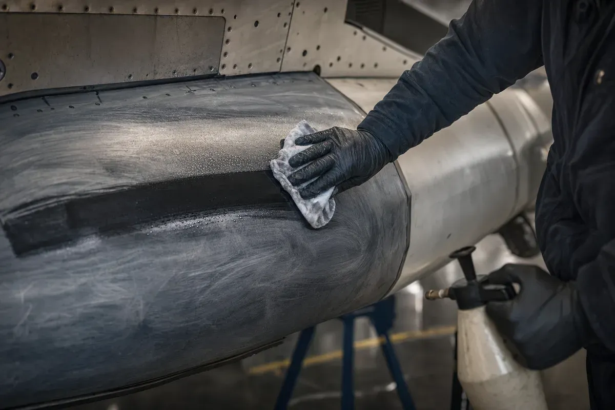 A cloth wiping a de-ice boot, leaving a clean dark stripe through chalky rubber