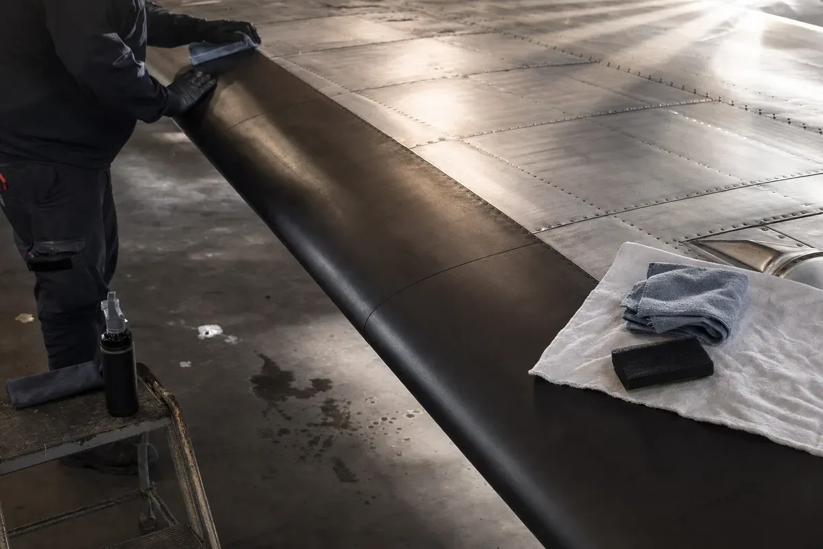 A wing leading edge boot between conditioning coats, applicator and cloths resting alongside