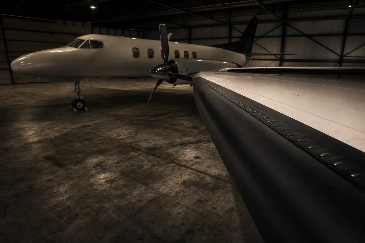 A twin turboprop parked alone in a dim hangar during the post-service cure
