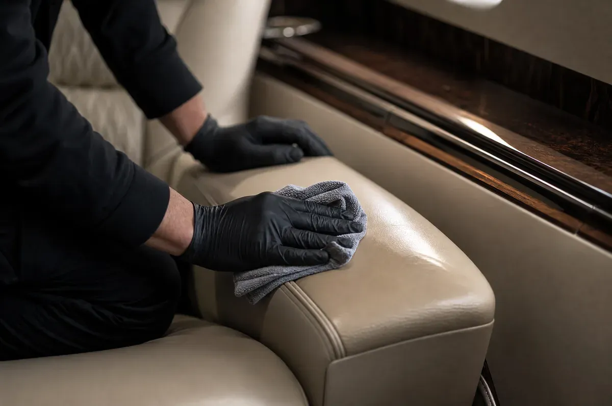 Gloved hands conditioning a cream leather armrest beside polished wood veneer