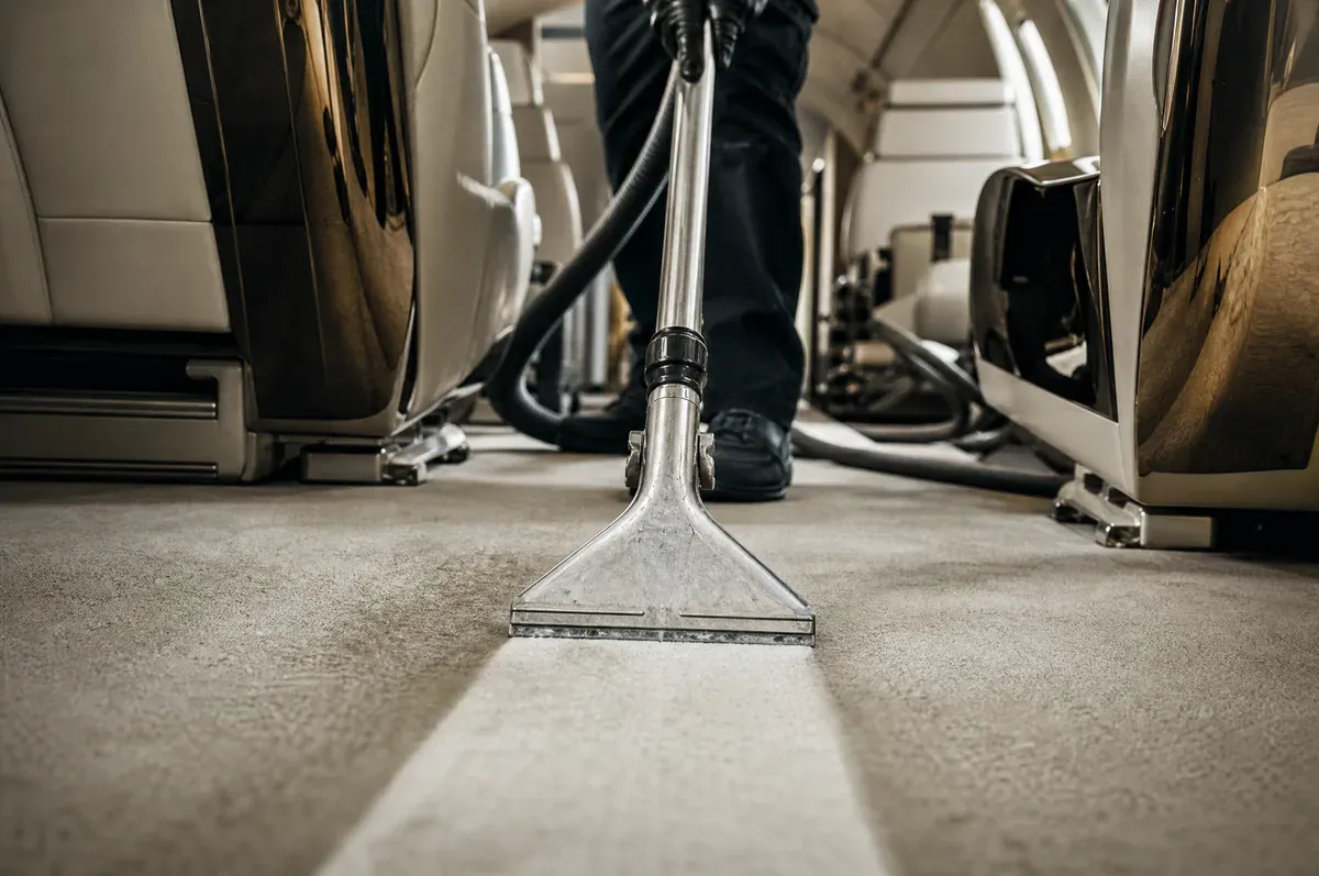 A carpet extractor wand leaving a clean damp stripe along a cabin aisle
