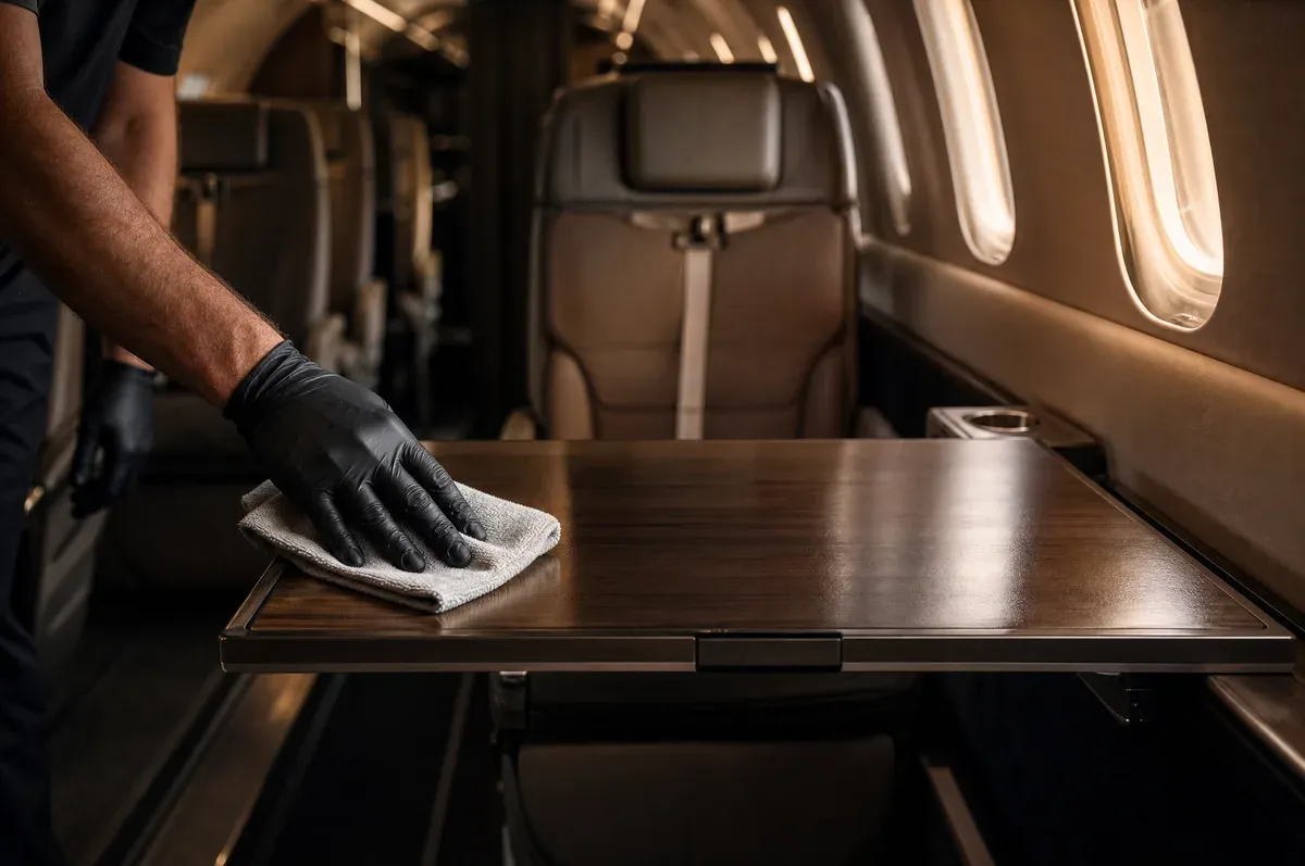 A gloved hand wiping a veneer tray table in a finished cabin