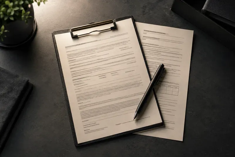 Printed service documents and a pen on a dark desk