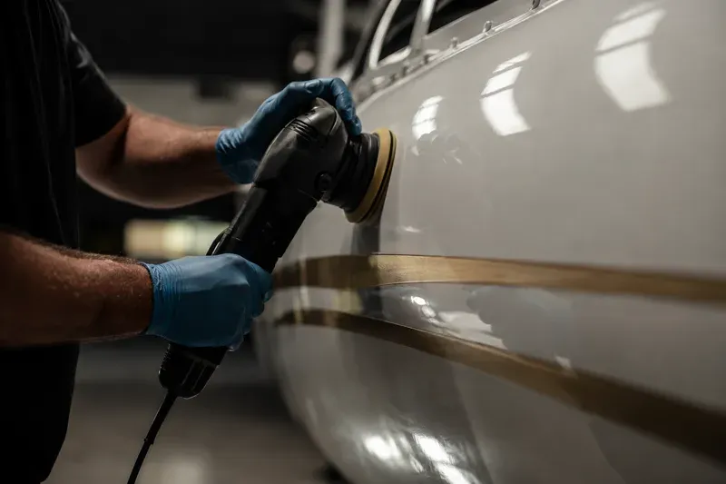 A gloved technician machine-polishing a painted aircraft fuselage panel