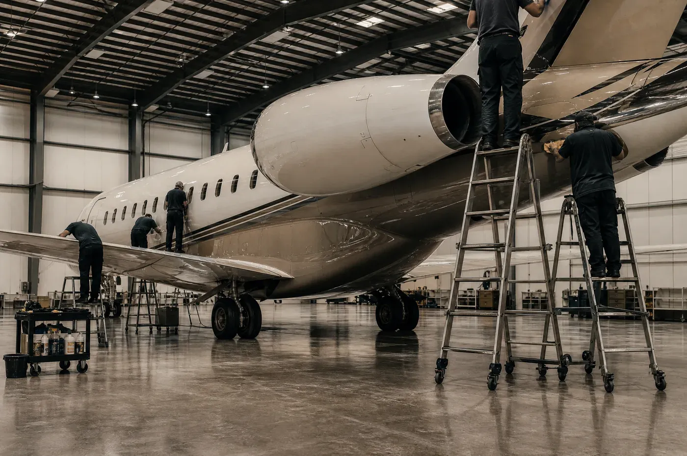A crew of six detailing a large-cabin business jet across ladders and wing