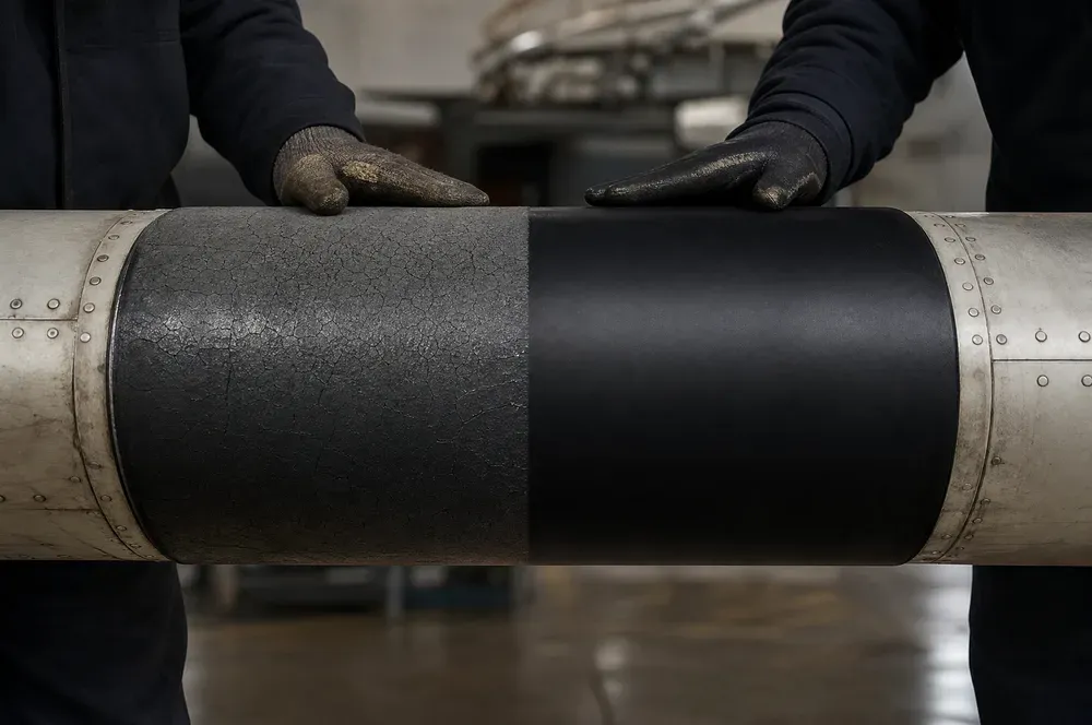 A de-ice boot split between chalky untreated rubber and deep black refurbished rubber