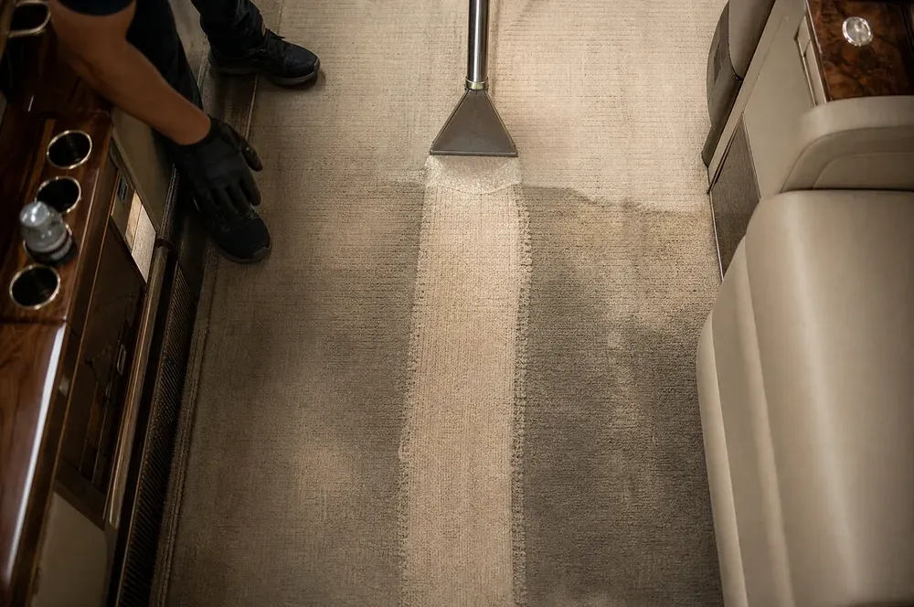 An overhead view of cabin carpet mid-extraction with a clean damp band through the centre