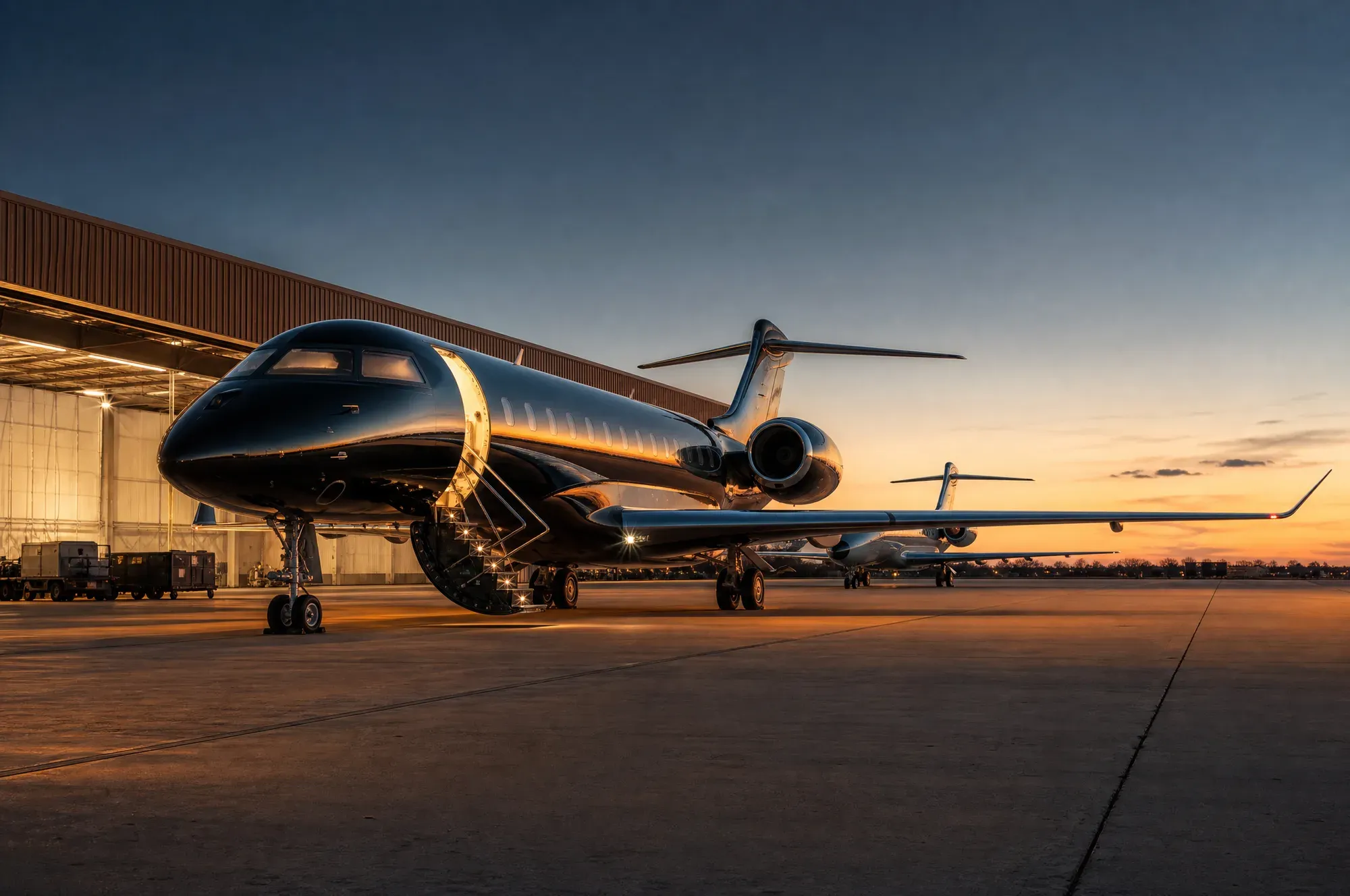 A polished business jet on the ramp at sunset with a second aircraft beyond