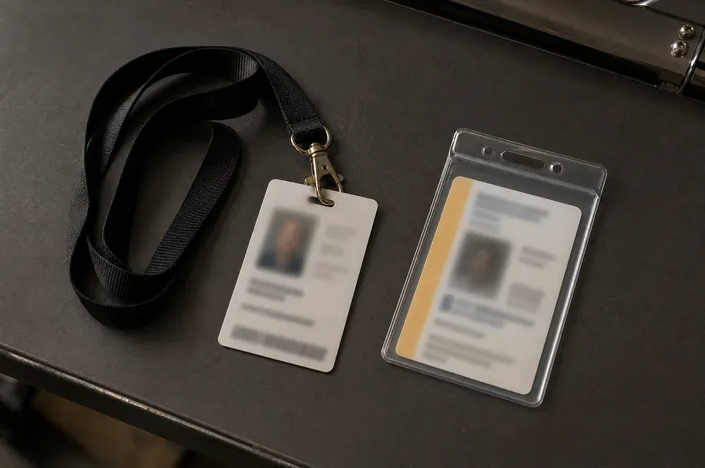 A certification card and airport access badge on a lanyard, laid on a dark desk
